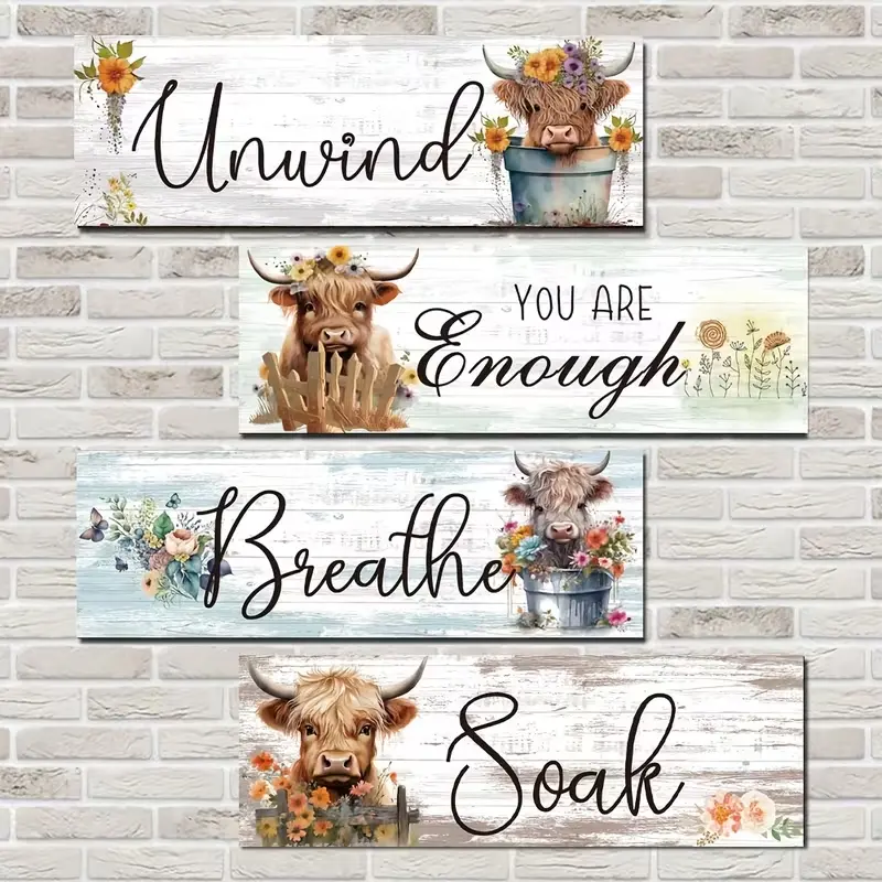 4 Piece Wooden Highland Cow Wall Art Decor, Inspirational Farmhouse Wall Decoration, Positive Quotes, Suitable for Home Bathroom Bedroom Living Room