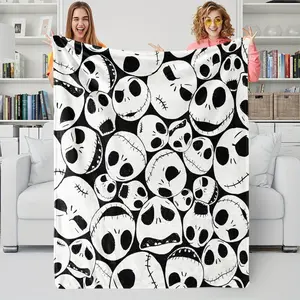 Trendy Unique Jack Skellington Flannel Blanket, Dense Skull Allover Print, Lightweight & Fluffy, Minimalist Black & White, Show Your Distinct Taste for Home Layering.