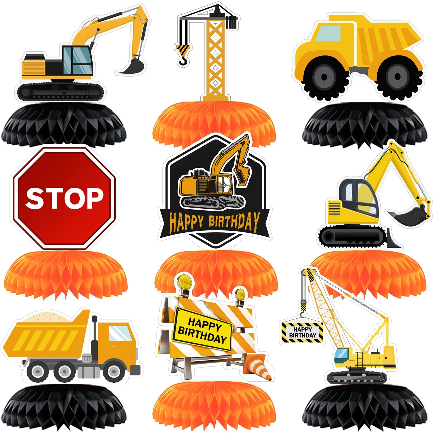 9Pcs Construction Party Decorations Honeycomb Centerpieces Dump Truck Excavator Table Toppers 3D Paper Ornaments for Kids Boy Birthday Party Supplie Party Supplies