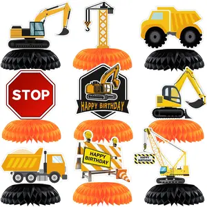9Pcs Construction Party Decorations Honeycomb Centerpieces Dump Truck Excavator Table Toppers 3D Paper Ornaments for Kids Boy Birthday Party Supplie Party Supplies