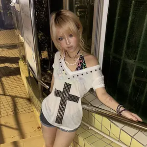 Japanese Y2k Metal Cross Print T-shirt Vintage Harajuku Short Sleeve Sheer Tops Trashy 2000s V-neck Streetwear Grunge