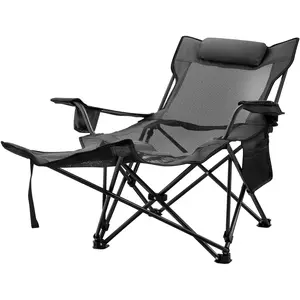 【FathersDayGift】VEVOR Folding Camp Chair with Footrest Mesh, Portable Lounge Chair with Cup Holder and Storage Bag, for Camping Fishing and Other Outdoor Activities