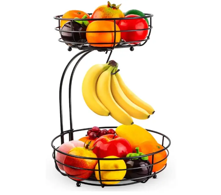 Auledio Iron 2-Tier Countertop Fruit Vegetables Basket Bowl Storage With Banana Hanger, Black, 64 ounces