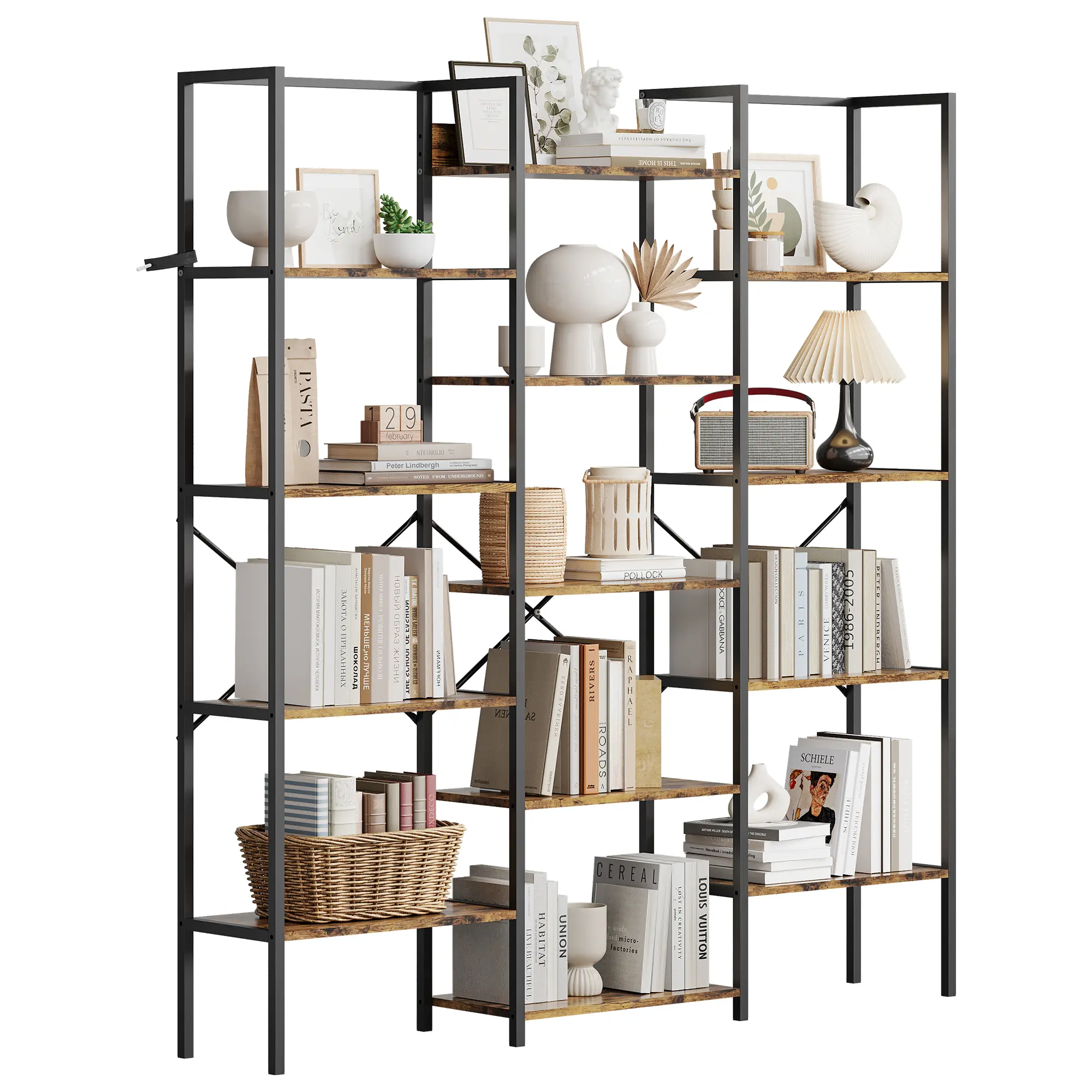 Rustic Industrial 5-Tier Iron Pipe Bookshelf - 67.5" Triple Wide Farmhouse Bookcase with 14 Display Shelves, Adjustable Metal Frame, Durable Contemporary Storage System Shelf, Assembly Required for Home Library, Office Furniture