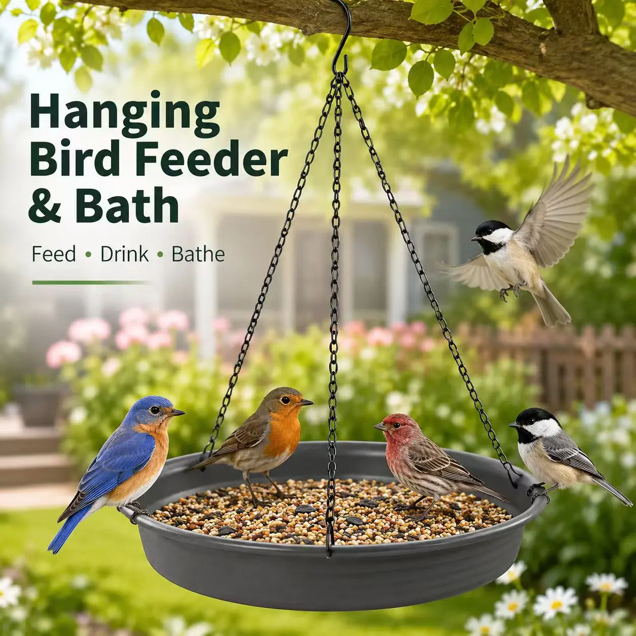 3-in-1 Outdoor Hanging Bird Bath & Feeder Tray - Seed Holder, Water Bowl & Bath Station with 3-Chain S-Hook, Easy Refill/Clean Backyard Accessory for Wild Birds (Garden, Patio Use)