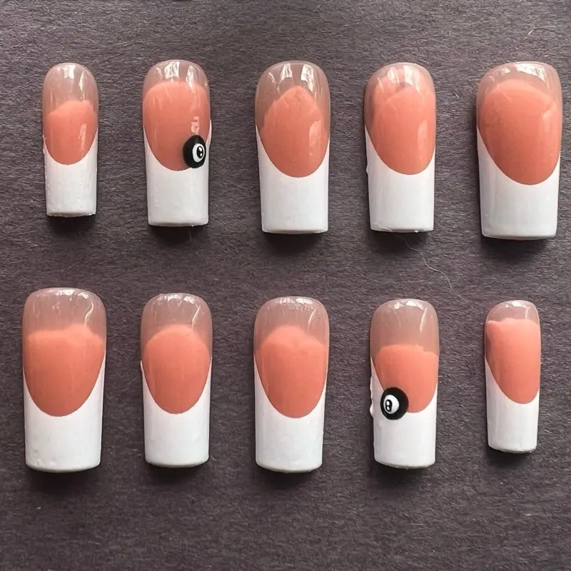 8 Ball French tip Gel X Press On Nails- Square shape, Suitable for Various Occasions, Easy Application