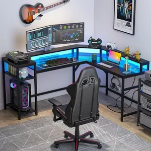 Tribesigns 63" Large Gaming Desk - Multifunctional Computer Workstation with Power Outlets & RGB LED Lighting for Home Office, Game Room