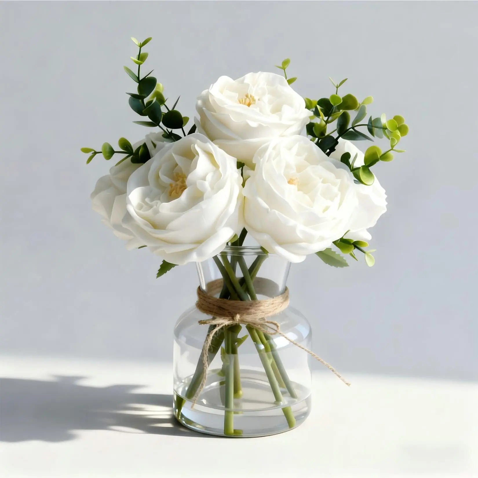 Real Touch Artificial Pink Flower Arrangement - Decorative Roses, Peonies, Eucalyptus in Glass Vase, Faux Flowers Floral Decor for Dining Table Centerpiece, Home Decor Gift