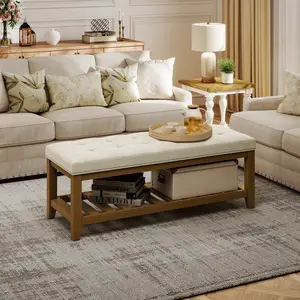 【Summervibes】44.5''Large Rectangular Upholstered Ottoman Bench, Linen Tufted Footrest Ottoman with Solid Wood Shelf Storage Coffee Table for Bedroom Living Room