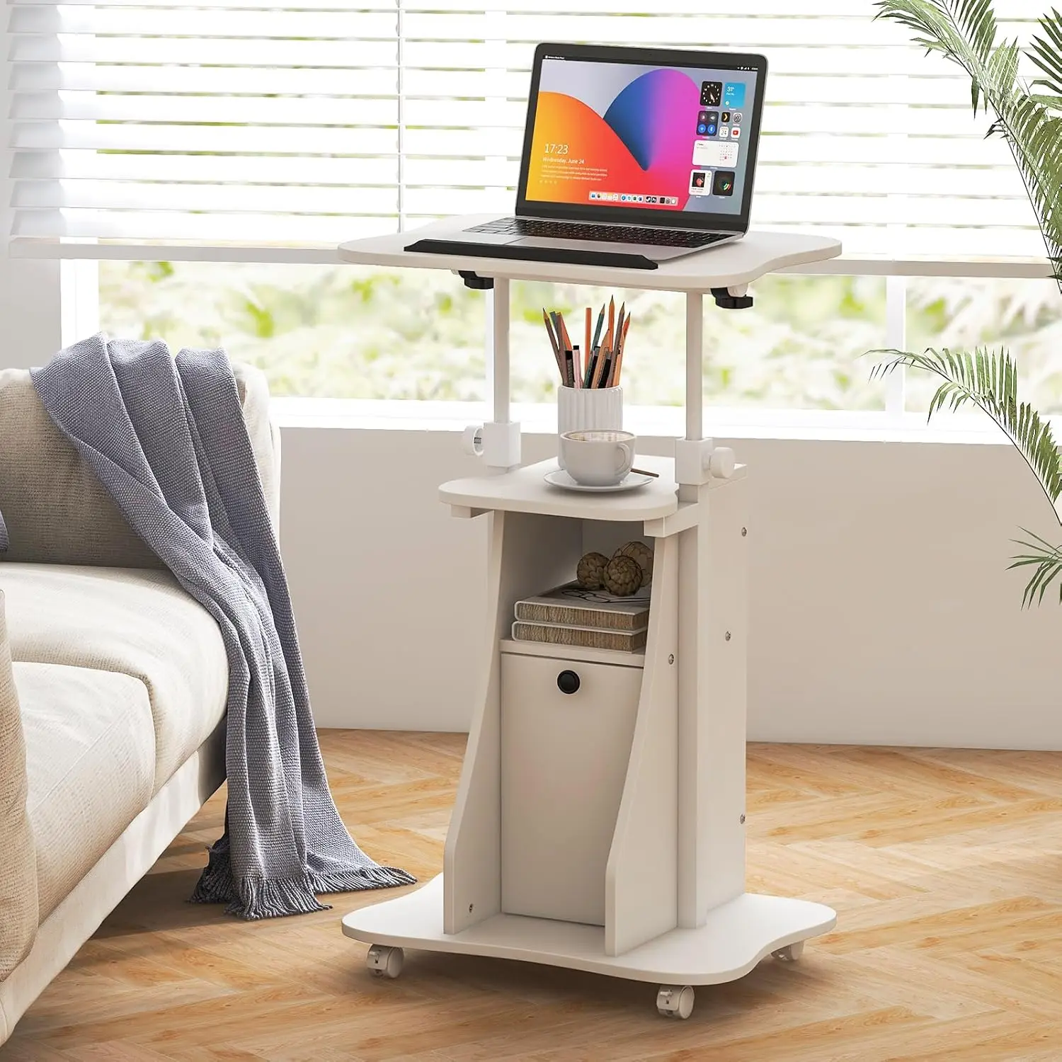Vallmore Mobile Laptop Podium Stand, 27"–45" Height Adjustable Sit-to-Stand Rolling Desk with 0–180° Tilting Desktop, Storage Cabinet & Lockable Wheels for Home Office, Church, Classroom