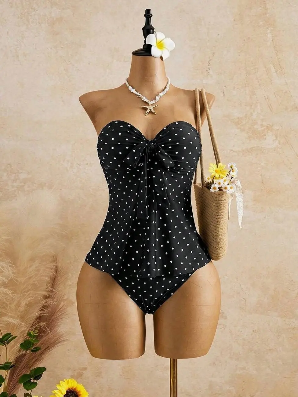 Bellisia Black & White Polka Dot Strapless Tankini Swimsuit | Sweetheart Bandeau Big Bow Peplum Top | Retro 50s Tummy Control 2PC Bathing Suit