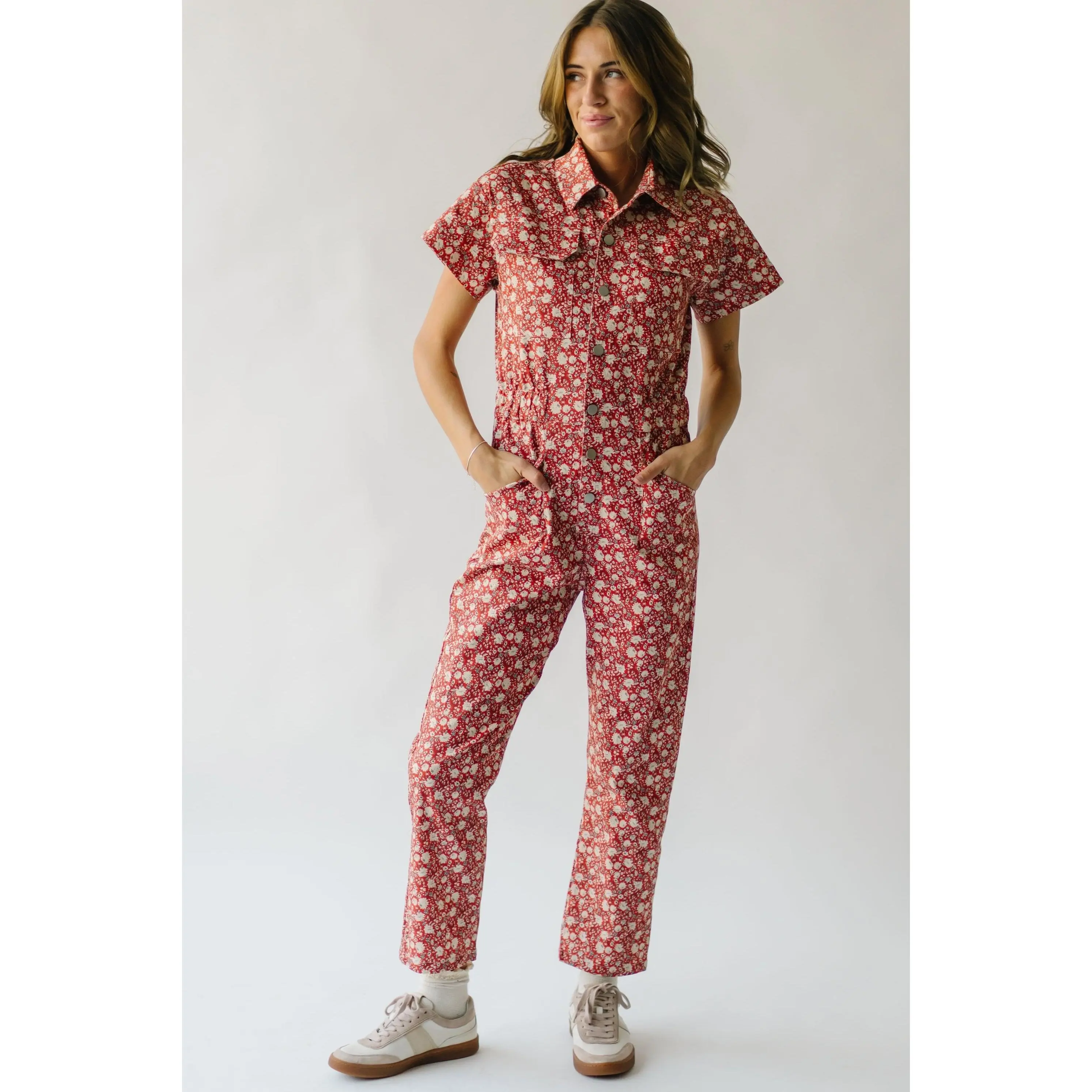 The Oberg Floral Denim Jumpsuit in Brick