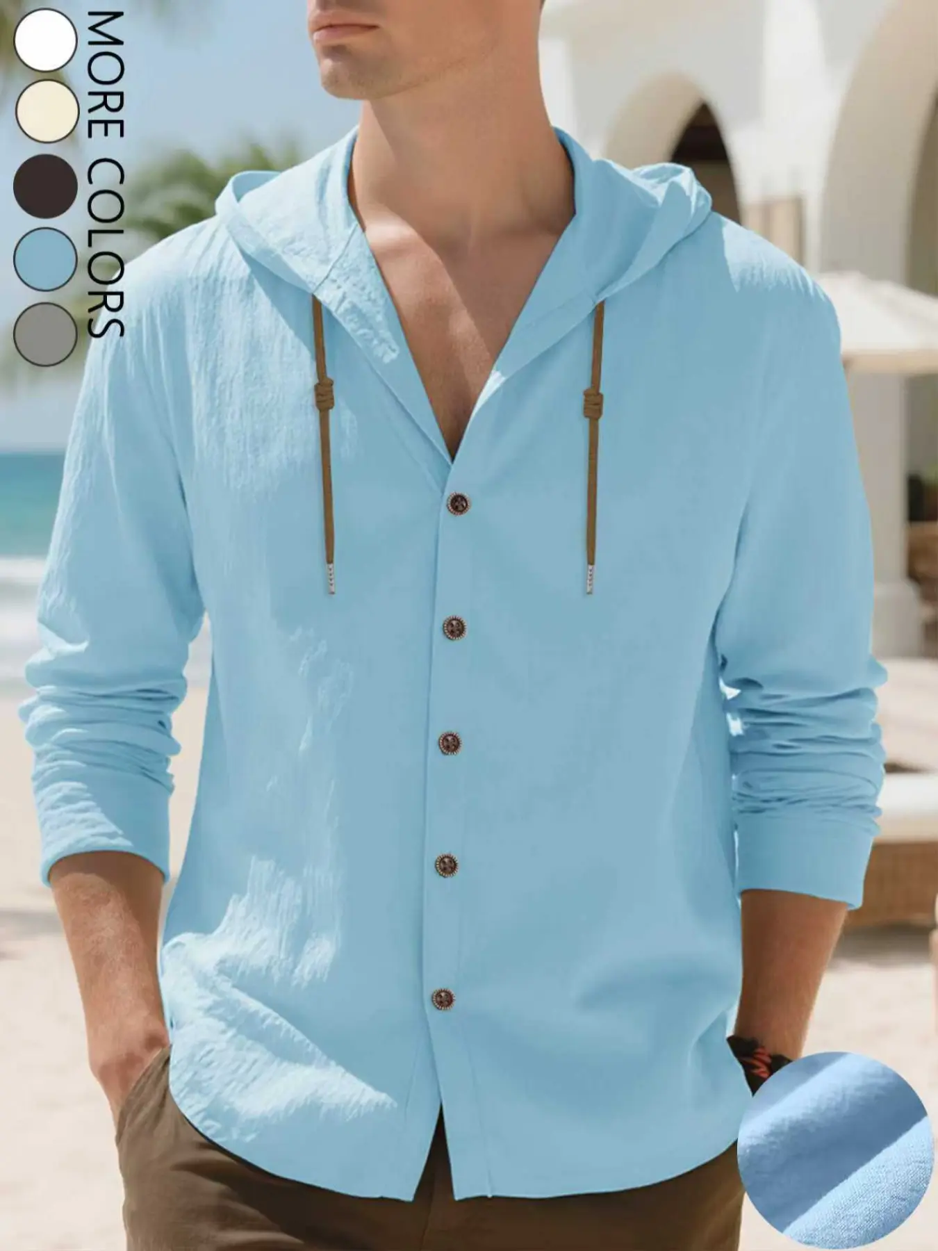 Men's hooded linen long-sleeve shirt showcases Classic drawstring hood and button-front placket. Made from breathable linen, delivers relaxed, easy-wearing fit. Ideal for casual hangouts, vacations, layering, Casual streetwear looks