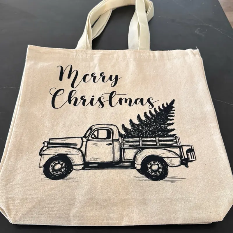 Large Merry Christmas Tote with Classic Truck Design and Festive Tree for Holiday Shopping and Gifting