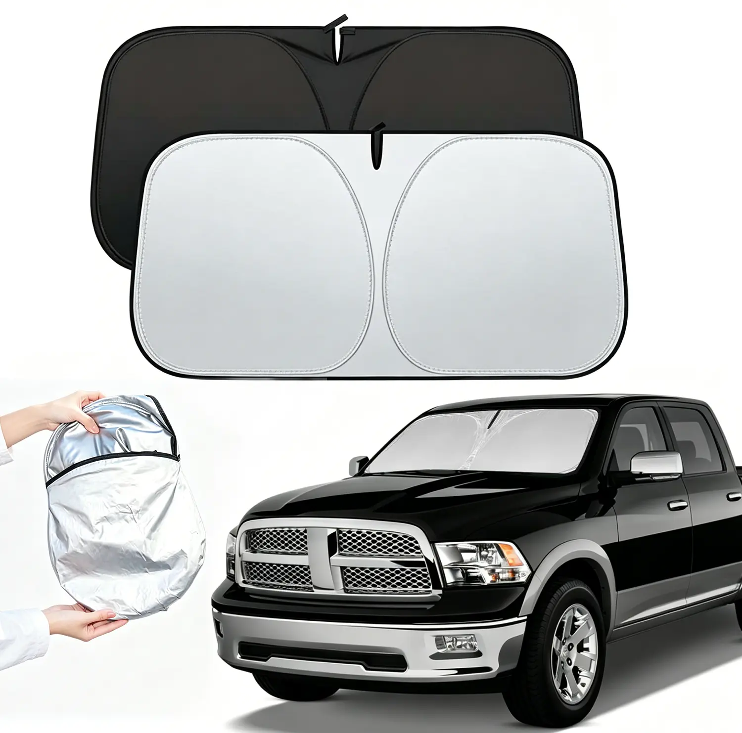 Windshield Sun Shade for Dodge RAM 1500 2019-2026, 4-Layer Foldable Cover for 2Dr RegularCab/4Dr QuadCab/CrewCab/MegaCab Pickup Truck, Window Shades Car & Truck Exterior Accessory