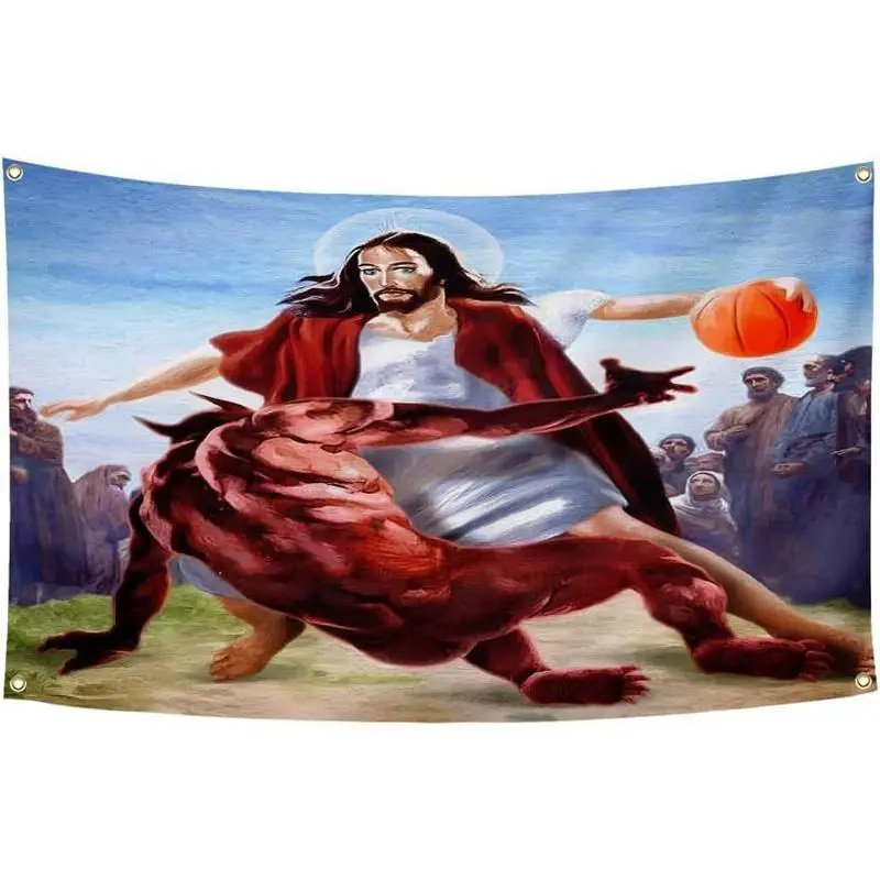 Jesus Basketball Decorative Tapestry Wall Hanging - 3x5ft Durable High-Quality Polyester Fabric Synthetic Home Supplies, Room Decor, Living Room Decor, Dorm Wall Standout for Men's Den, College Dorm, Living Room Wall Decor, Indoor Wall Art For Cozy Home S
