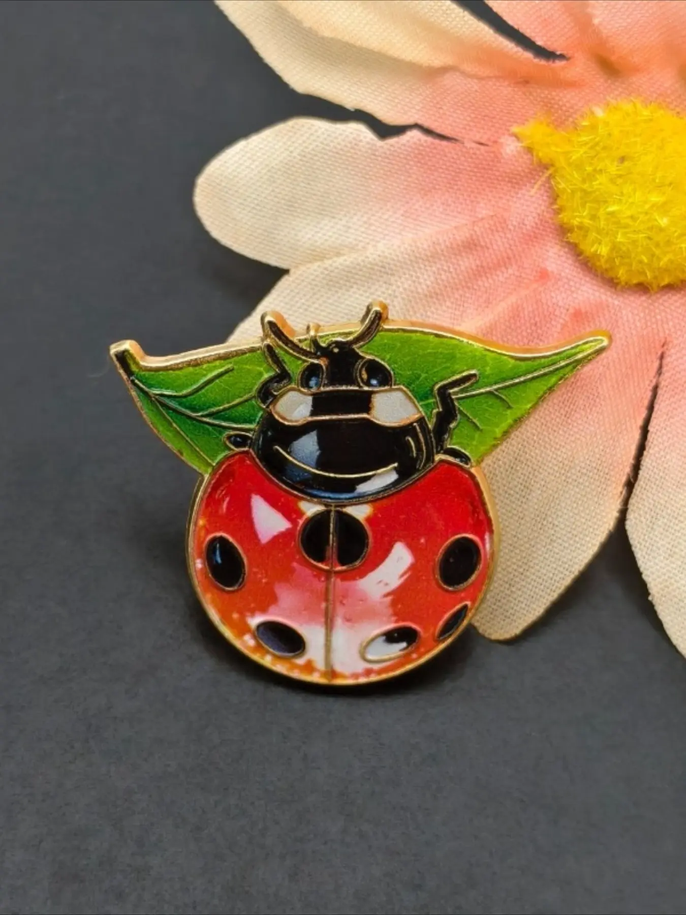 Red Ladybug on Green Leaf Enamel Lapel Pin Cute Ladybird Insect Brooch Nature Badge for Plant Lovers