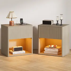 Fluted Nightstands Set of 2 with Charging Station & LED Light, Modern Mid Century Side Table with Drawer, Farmhouse Bedside End Table for Bedroom
