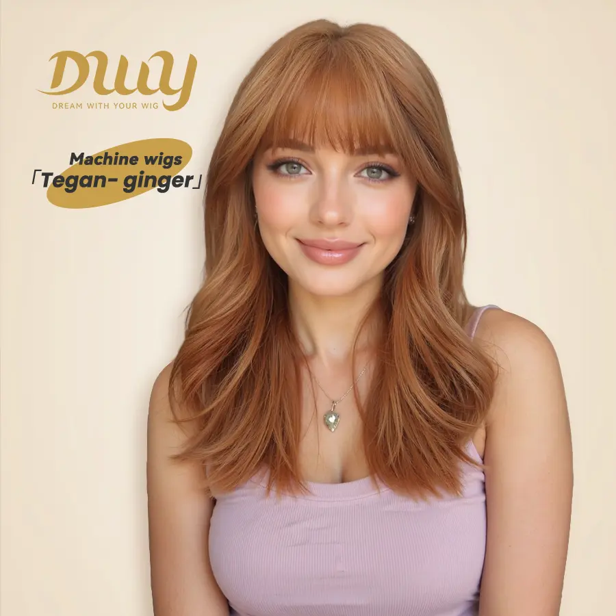 Tegan-DWY Machine Made Mid-length Wavy Hairstyle with Blunt Bangs Light Ash Blonde Glueless Synthetic Wig for Women 18 Inches Silky Straight Wig, Glueless Wigs