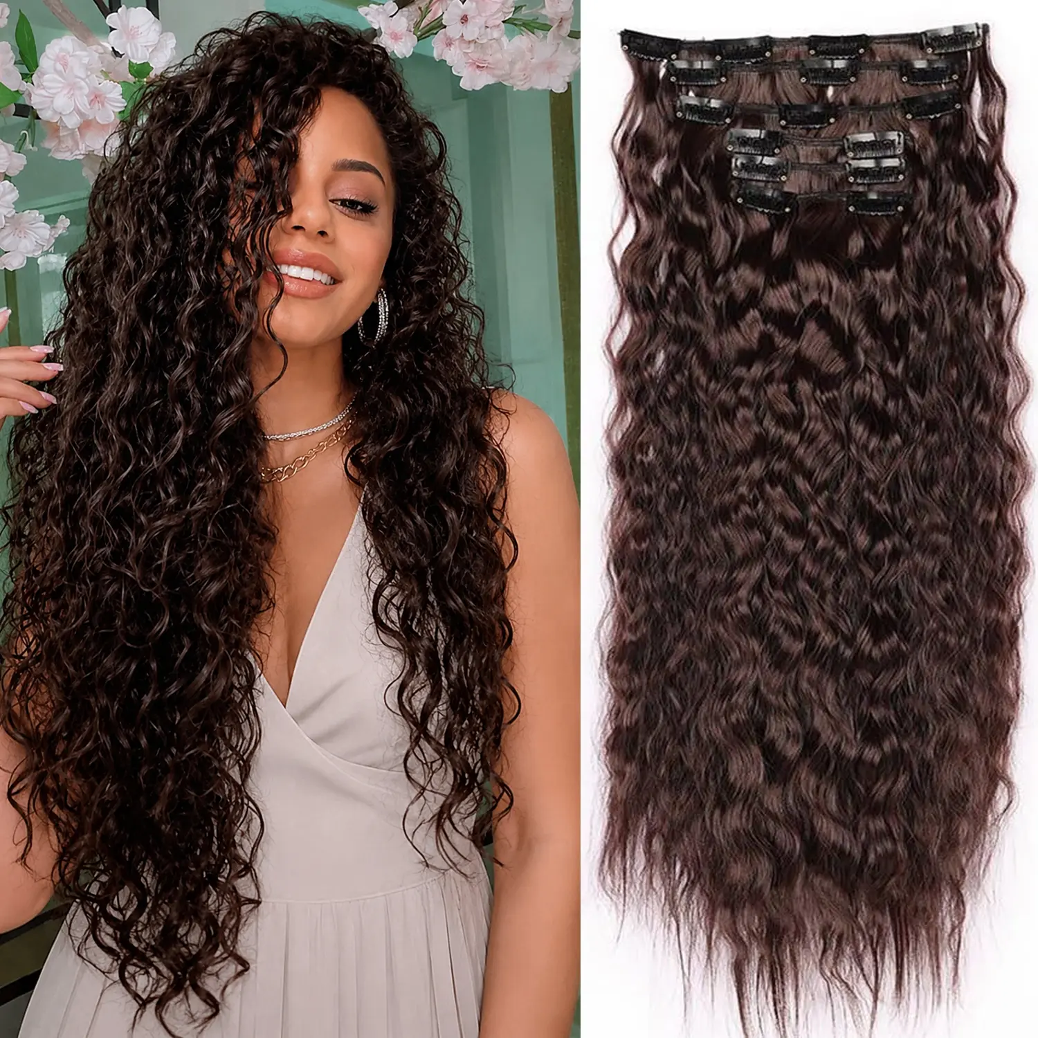 Curly Hair Extensions 6PCS 24 inch Clip in Hair Extensions Lace Weft Short Curly Hair Extensions Clip Ins Invisible Natural Hairpieces for Women instant length