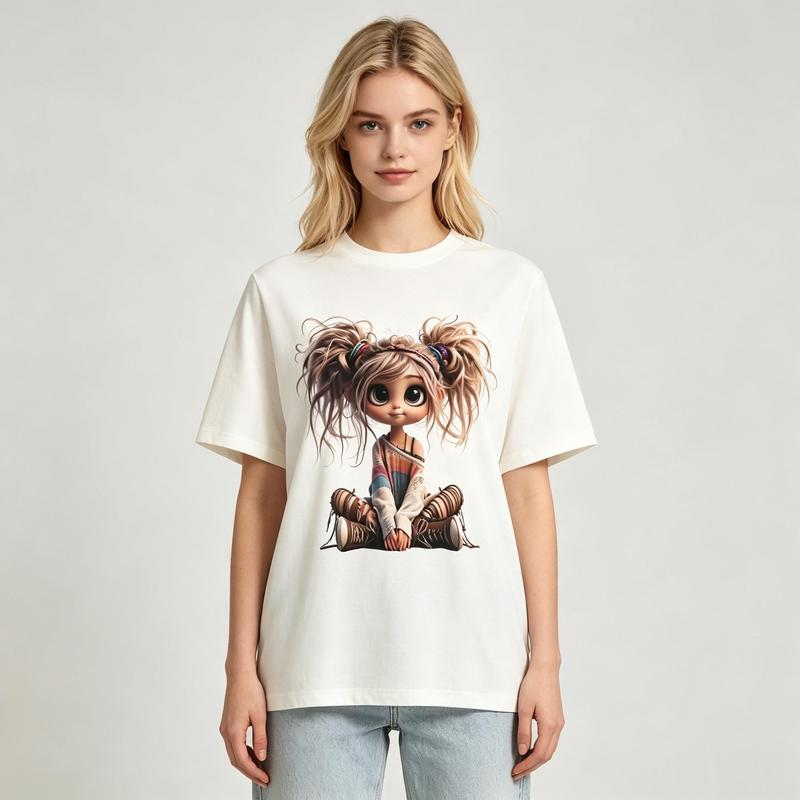 Women's Pure Cotton Crew Neck Short-Sleeve Fitted Graphic T-Shirt - Cute Boho Doll Girl Rainbow Print, Messy Buns Style, Casual Beach Wear, Cream Fabric