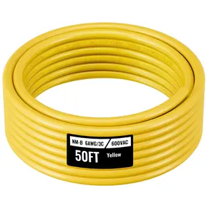 fathersdaygift VEVOR NM-B Wire, 6AWG/3C Non-Mettalic Residential Indoor Electrical Wire with Ground, PVC Sheathed High-Purity Copper Core Cable, for Outlets, Switches, Other Loads Lighting Wiring Projects(50 ft)