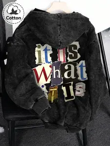 Distressed Acid Wash Cotton Hoodie for Men Women | Baggy Fit Grunge Aesthetic Pullover with Colorful Collage Graphic Back | Must-Have Y2K Street Style Top