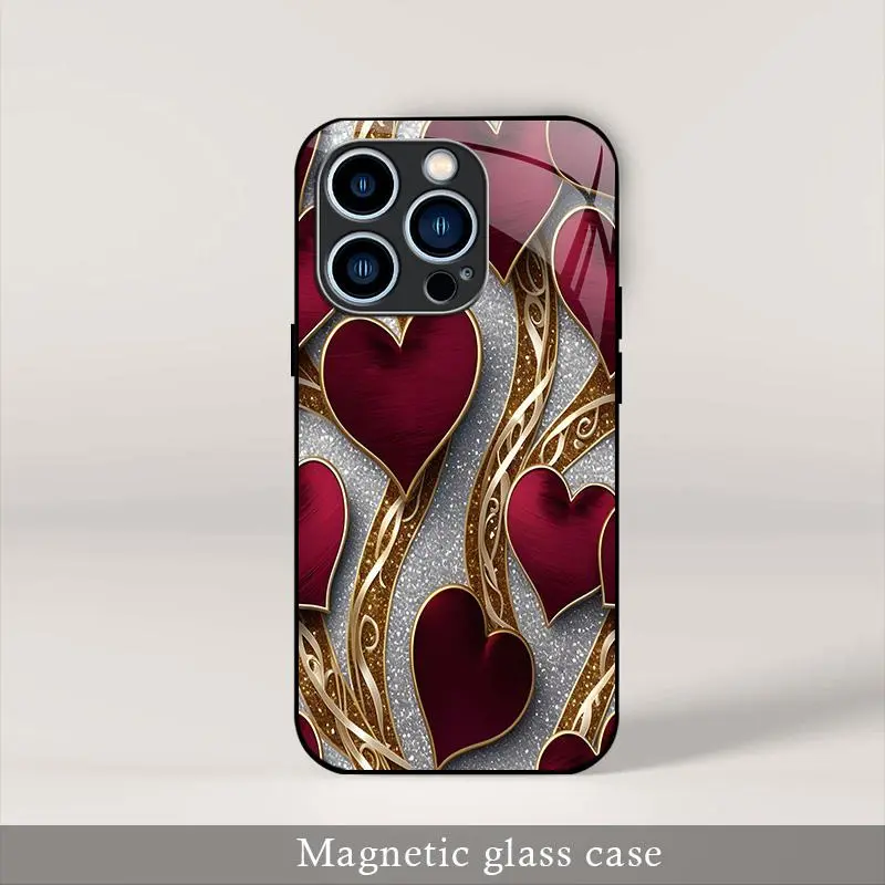 Luxurious Burgundy Heart Magnetic Glass Case for iPhone 17/16/15/14/13/12 Pro Max - Aesthetic Coquette Gold Glitter Sparkle MagSafe Cover for Smartphone, Handheld Cellphone Devices with Protection - 975
