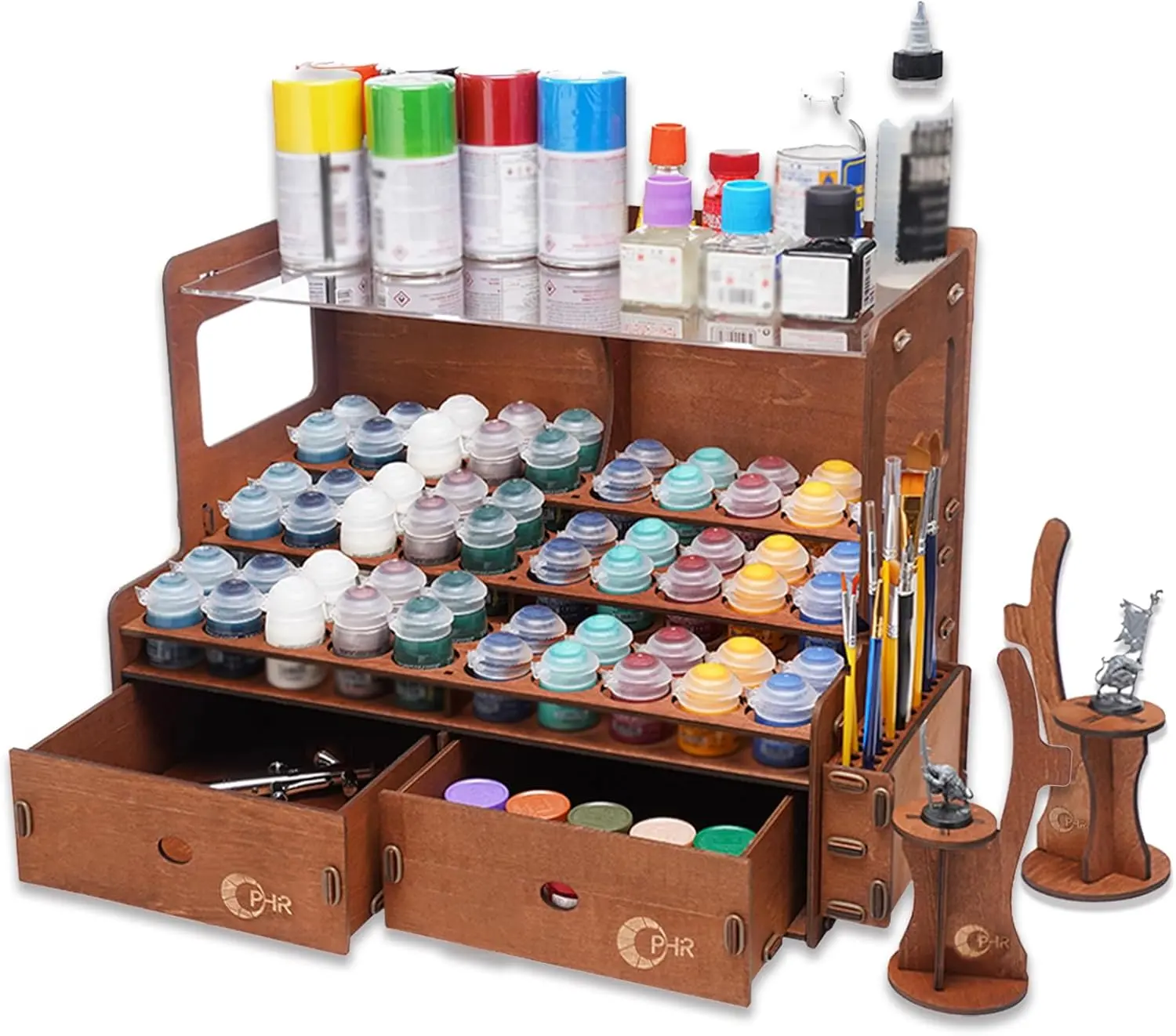 OPHIR Paint Rack for 60 Bottles and 32 Brushes, Wooden Acrylic Paint Organizer with 2 Brush Holder, 2 Miniature Painting Handles, 2 Drawers for Model Paints Bottle Organizer, Holes Dia.1.42 Inches