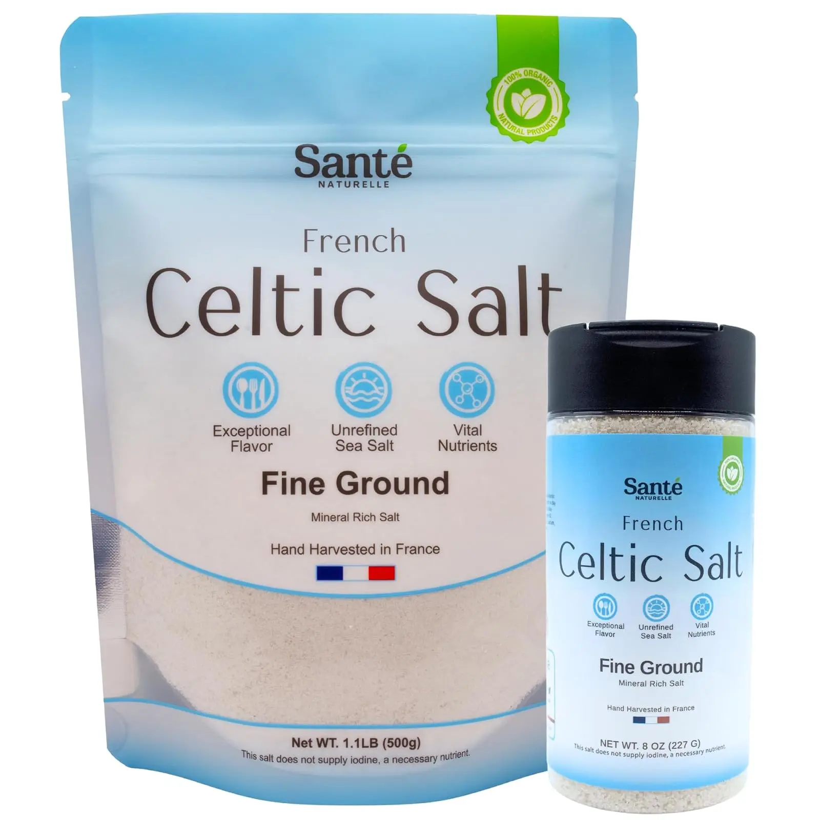 [NEW 2026!!!] Sante Naturelle Celtic Salt Organic Fine Ground Bundle – 8oz Shaker & 1.1lb (18oz) Bag – Unrefined Organic French Mineral Sea Salt, Natural & Hand Harvested Sal Celtica