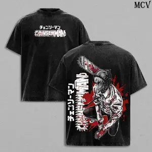 Denji Chainsaw Man Anime Double Printed Vintage Washed Tee Unisex Oversize Heavyweight Cotton T-shirt for Anime Fans and Lovers Made To Order