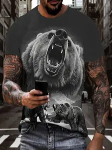 Men's 3D Printed Roaring Bear Graphic T-Shirt, Breathable Quick-Dry Polyester Elastane Blend, Casual Summer Streetwear Top