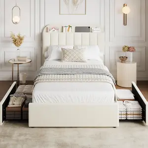 Twin Size Bed Frame Faux Fur Upholstered Platform Bed, Storage Headboard with 2 Drawers, Strong Wooden Slats, Noise-Free & No Box Spring Necessary