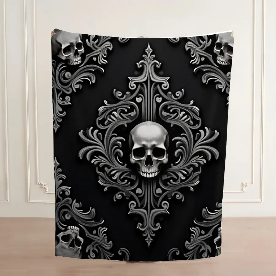 Gothic Skull Damask Polyester Flannel Throw Blanket - Modern Black & Chargray Swirl Pattern with Baroque Floral Motifs, Soft Warm All-Seasons Decorative Blanket for Sofa, Bed, Machine Washable Home Gift