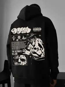 1 Men's Black MF DOOM "The Ultimate Villain" Graphic Long Sleeve Hoodie, Underground Hip-Hop Print, Oversized Fit, Ideal for Casual Daily & Urban Street Outfits, Streetwear