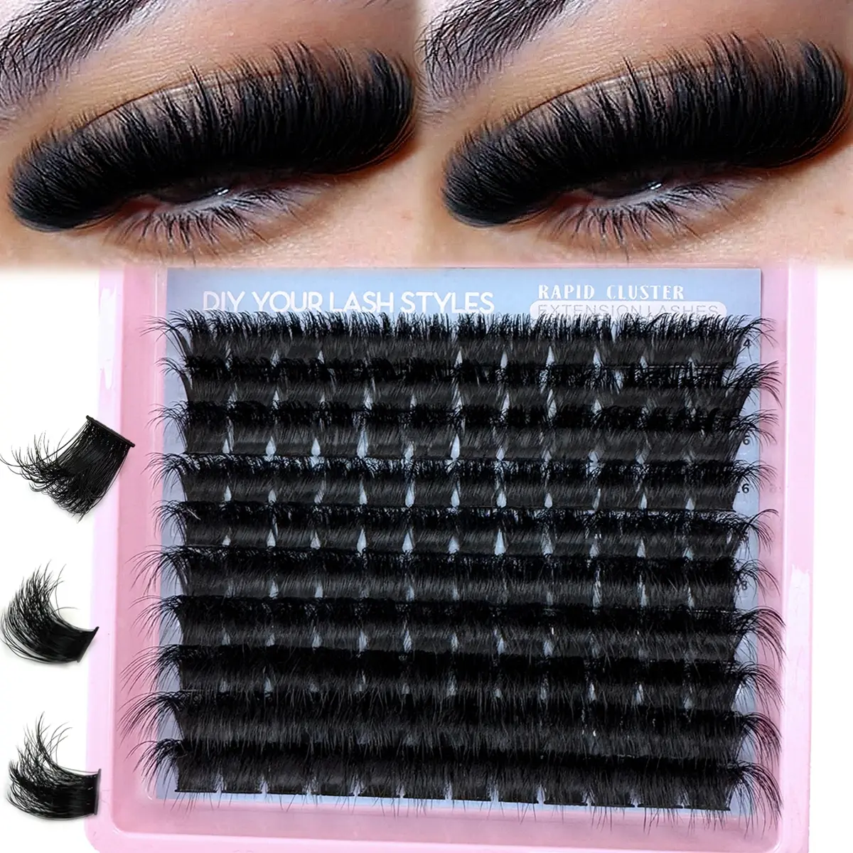 200D/160D/120D/100D/80D/60D Eyelash Extension Kit with Thick Fluffy Clusters, 14-20mm Individual Lashes, Includes Adhesive and Sealer for Easy Application, Cosmetic