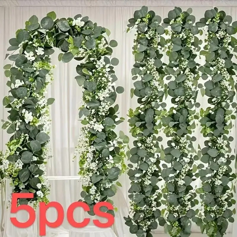 5Pcs 6Ft Artificial Eucalyptus Garland Set, Faux Greenery with White Flowers, Elegant Decorative Vines for Wedding Arch, Mantel, Table & Party Decor, Artificial Plants