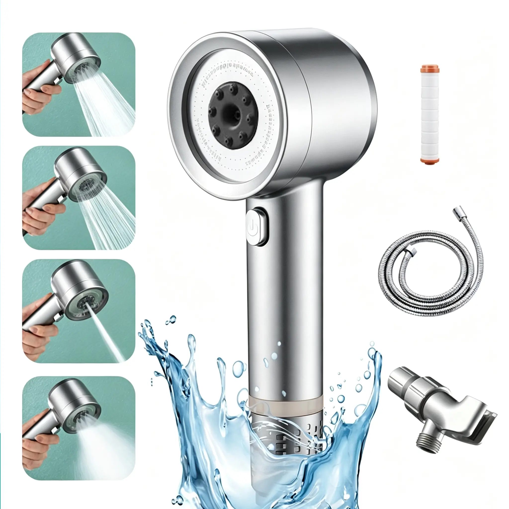 High-Pressure Handheld Filtered Showerhead Four-Speed Adjustable Stainless Steel Panel Universal Interface Hose Holder Filter Element for Hard Water Bathroom Shower Fixtures Set Accessories