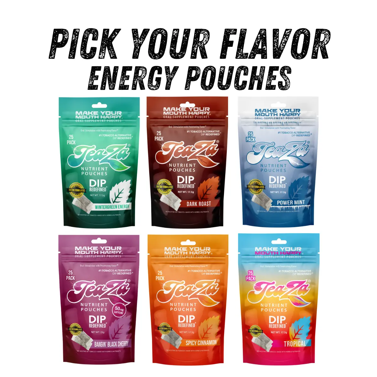 TeaZa Energy Pouches - Pick Your Flavor - Caffeine Pouches, B-Vitamins, Herbal Tea, Wintergreen, Cherry, Mango, Fruit, Mint, Coffee, Cinnamon