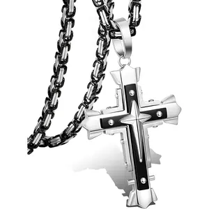 Fashionable 5MM Stainless Steel Cross Pendant Necklace Men Byzantine Chain Necklace 22-30 Inches