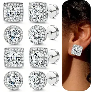 Women's Luxury Halo Zircon Stud Earrings 2/4-Pair Set, 18K Gold & White Gold Plated Halo Stud Earrings, Round and Square Cubic Zirconia Earrings, Skin-Friendly 925 Silver Post, Hypoallergenic Jewelry for Women and Men, Gift Box Included
