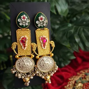 Gold Tone Earrings with Floral Design and Pink Accents | Kashmiri Earrings # 2304