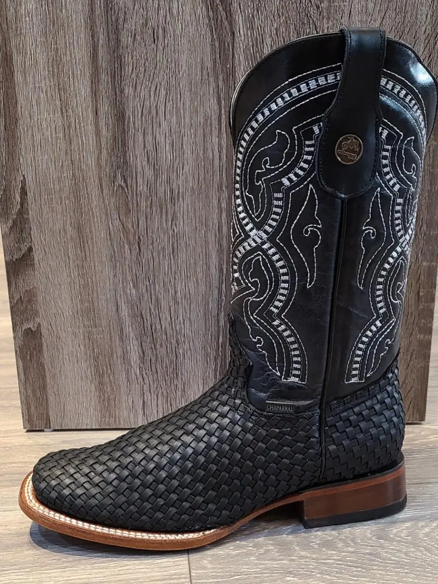 Men's Fashion Wooden Design Stylish Black Weaved Leather Boots, White Diamond Accent Footwear for Walking