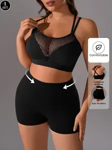 PLUS SIZE Women's Yoga Sports Set, Seamless Padded Bra Top + High Elasticity Shorts, Suitable for Yoga, Exercise, Cycling, Running, Comfortable Activewear Sets, Sporty Cut Out, All Seasons