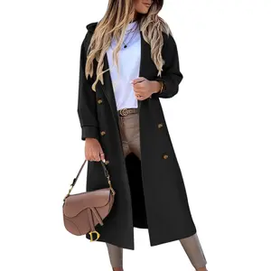 Women's Long Coat Notched Lapel Collar Double Breasted Pea Coat Winter Elegant Wool Blend Over Coats Jackets