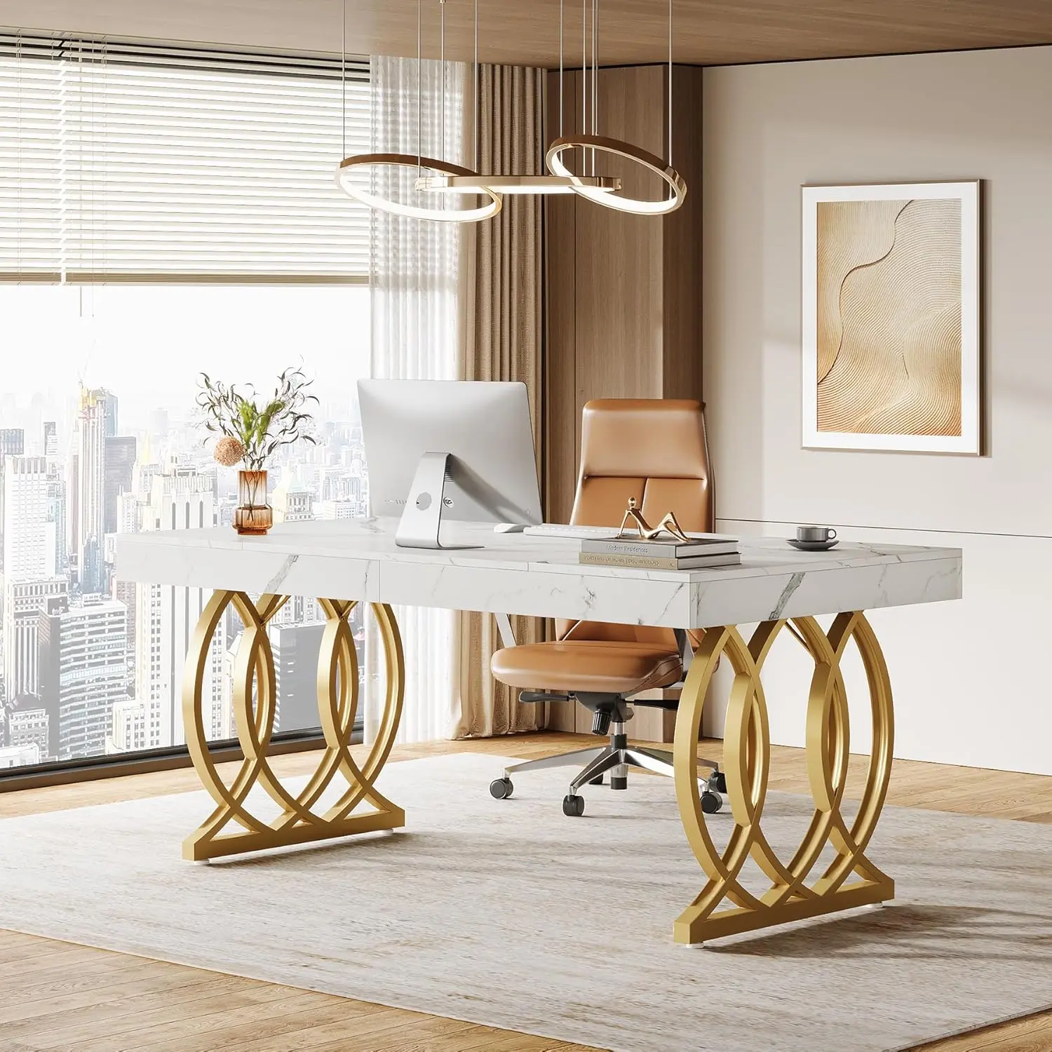 LITTLE TREE 63-Inch Executive Desk, Modern Office Computer Desk with Stylish Gold Legs, Rectangular Workstation for Home Office, Small Conference Table for Meeting Room