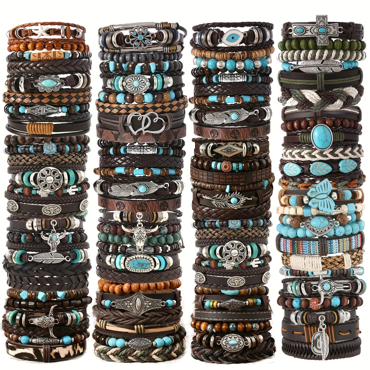 Bracelet Jewelry Set, Trendy Bohemian Woven PU Leather Bangle Bracelets for Women and Men with Feather & Floral Charms