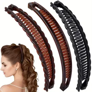 3pcs Women's Large Banana Hair Clips - Vintage Non-Slip Double Prong, Suitable for Thick Long Curly Hairs & Gentle Detangling in Coffee and Black Colors, Christmas Gift with Retro Style Durable Holiday Accessory, Long Curly Hairstyle Hold