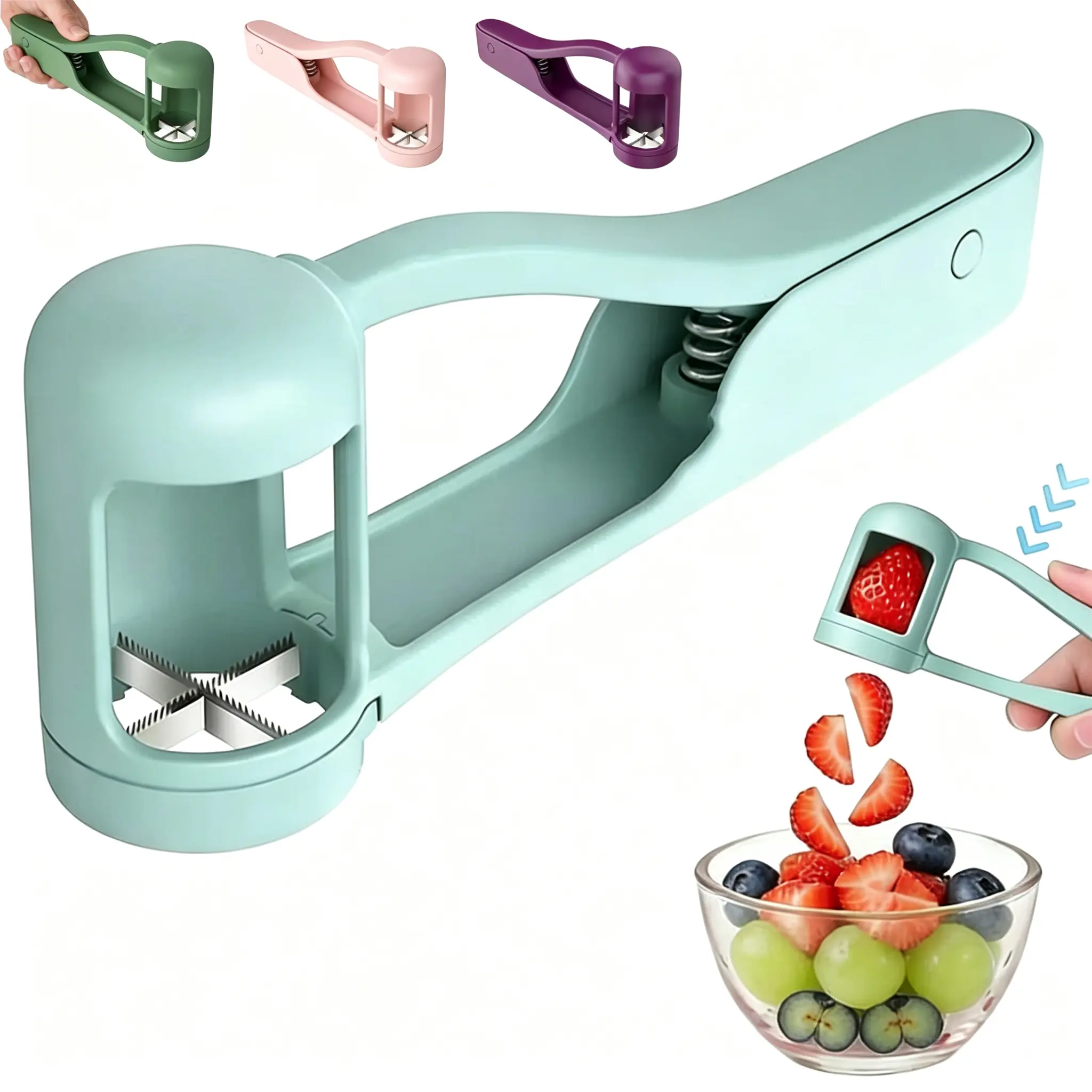 2-in-1 Stainless Steel Fruit Slicer - 1-Handed, No Battery Needed Peeler & Slicer for Strawberries, Grapes, Cherry Tomatoes - Quick Kitchen Utensil for Salads, Desserts, One-Handed, No Battery Needed Fruit Peelers & Slicers