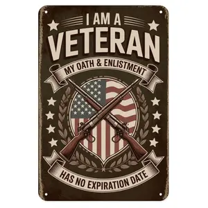Veteran Military USA Tin Sign, Vintage Veteran Oath Enlistment Metal Sign Print Aesthetic Room Decoration for Home Bedroom Kitchen Bar Coffee Bathroom Indoor Outdoor Wall Decor, 8 X 12 in